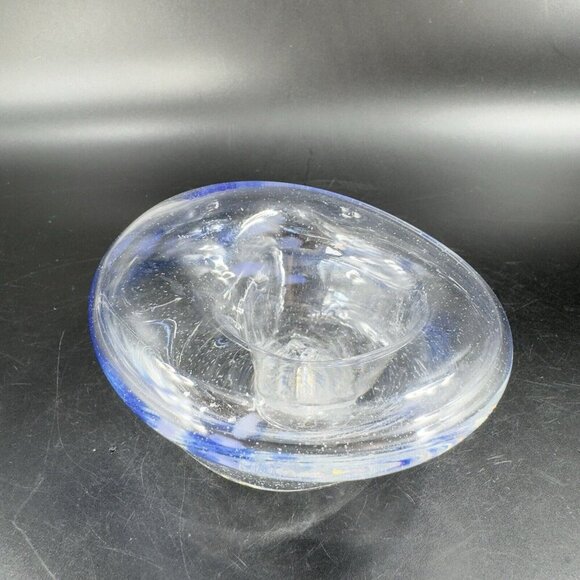 Vintage Hand Blown Art Glass Dish Bowl Clear With Blue Spots Hand Made Glass VTG - Picture 14 of 16